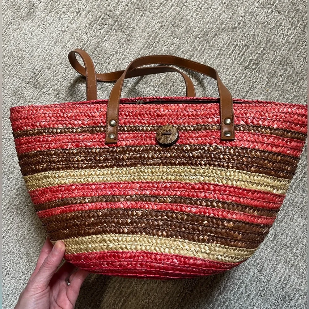Sun and Sand striped Straw Beach Tote 16w X 9h - Picture 1 of 4